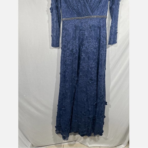NEW $798‎ Mac Duggal [ 8 ] Floral Applique Long Sleeve Wrap Gown Blue - Picture 5 of 16